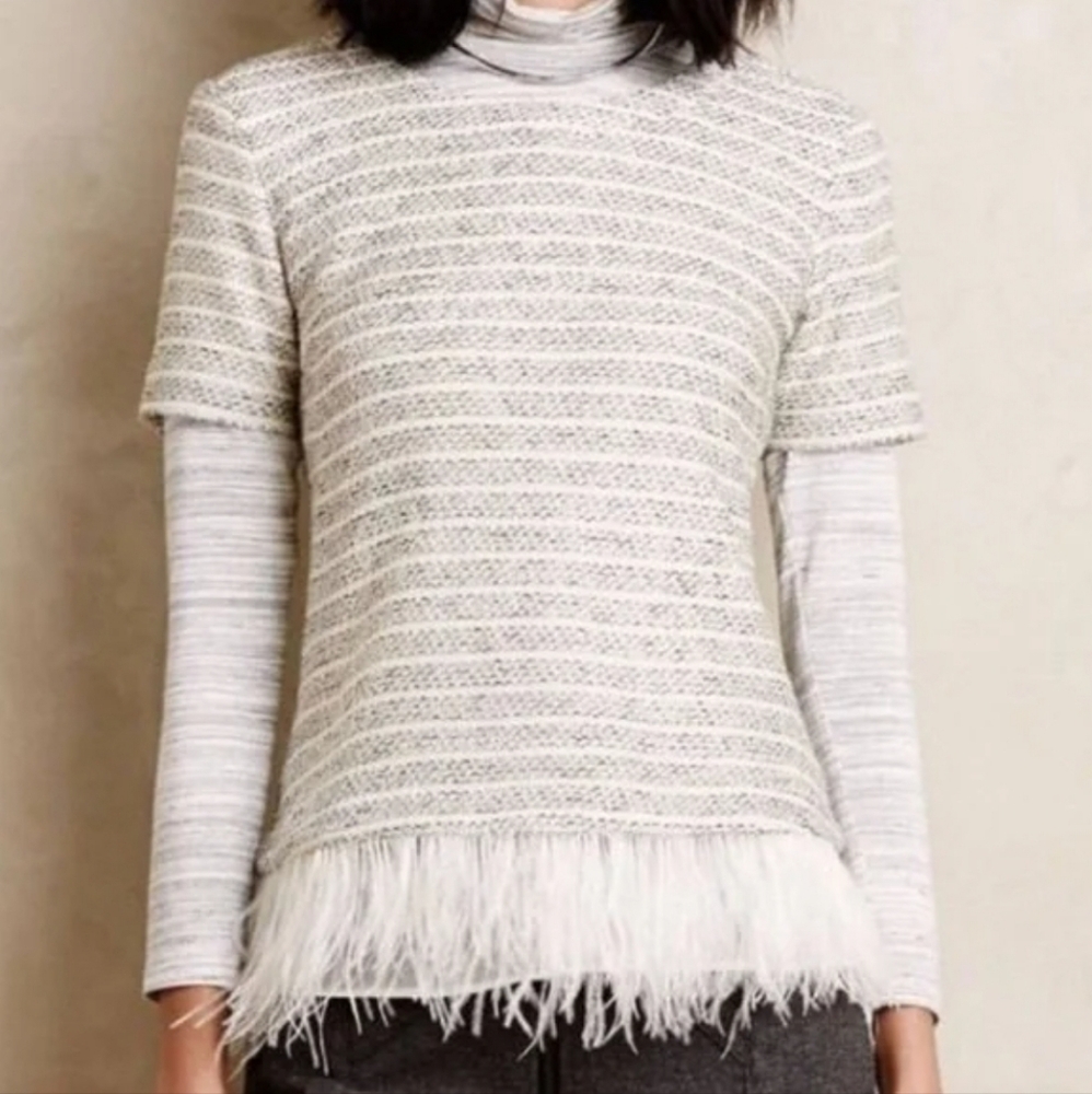 Anthropologie Feathered Boucle Top Short Sleeve Sweater w/ Feather Trim, Size M